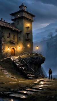 Człowiek i schody przed oświetlonym starym domem