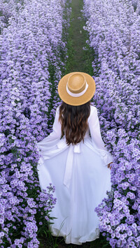 Kobieta w białej sukience i kapeluszu na polu lawendy