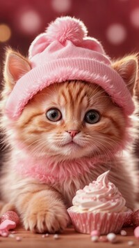 Kremowa babeczka i kotek w różowej czapeczce