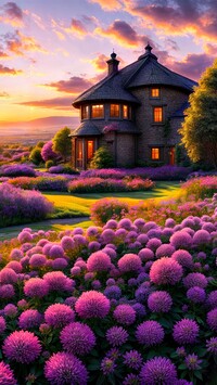 Rozświetlone fioletowe kwiaty przed domem