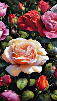 Rozwinięte kolorowe róże z pąkami w grafice