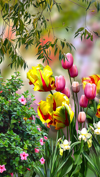 Tulipany obok krzewu w grafice