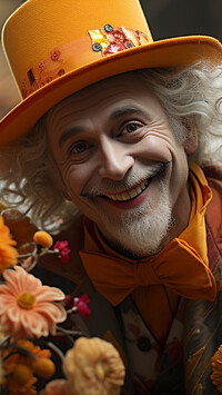 Uśmiechnięty siwowłosy mężczyzna w pomarańczowym kapeluszu