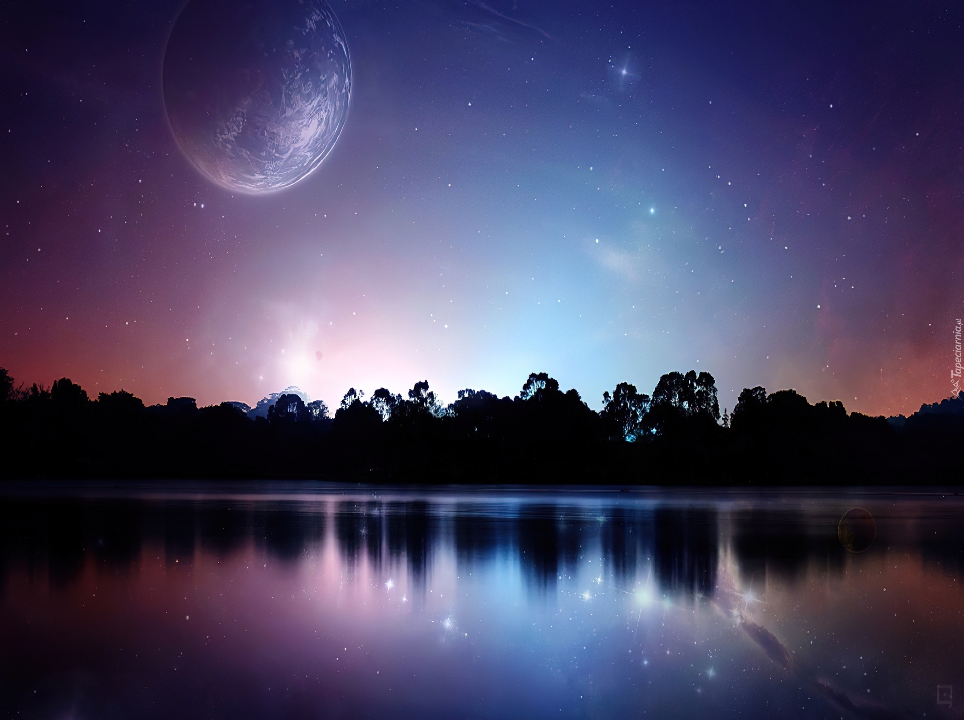 Noc, Gwiazdy, Planeta, Jezioro