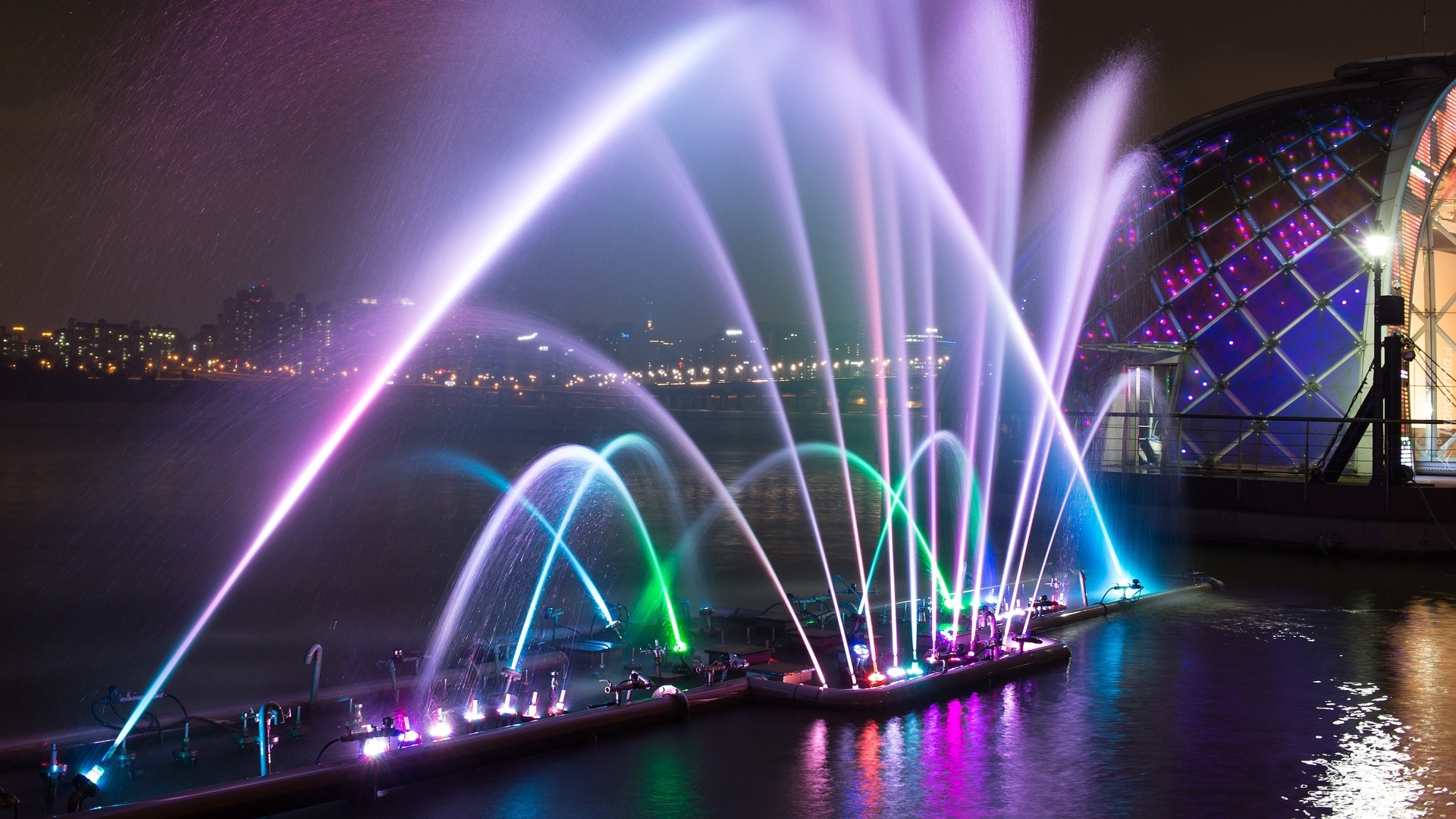 Korea Południowa, Seul, Rzeka Han-gang, Fontanna, Pływająca scena Yeouido Floating Stage, Oświetlenie, Kolory
