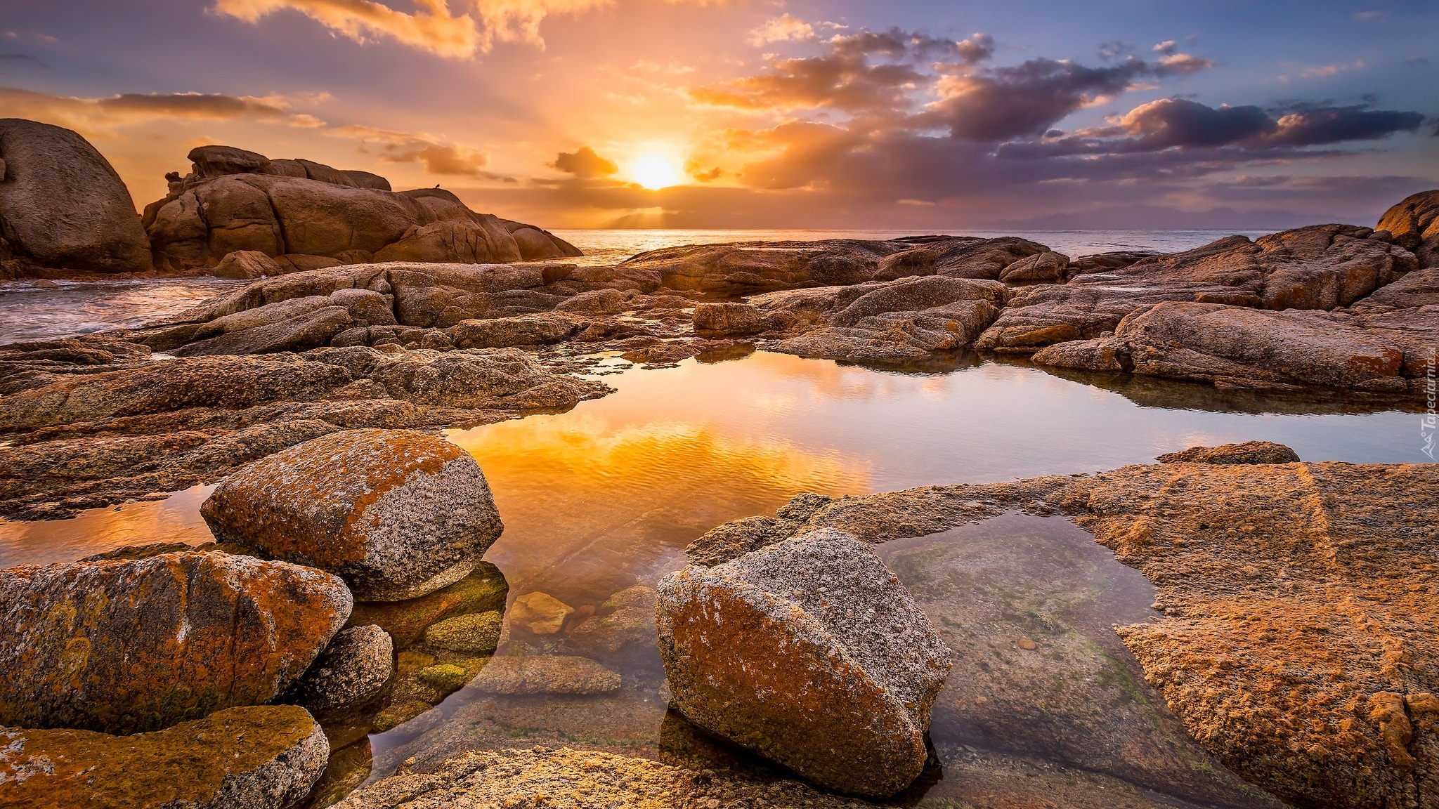 Republika Południowej Afryki, Półwysep Przylądkowy, Plaża Boulders Beach, Zachód słońca, Morze, Kamienie