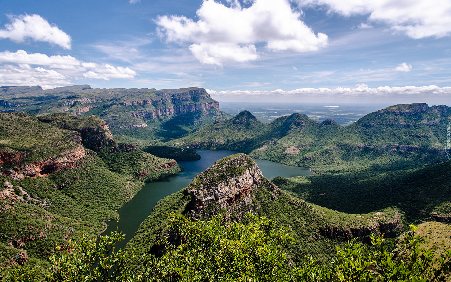 Góry Smocze, Kanion, Rzeka, Blyde River, Lasy, Drzewa, Chmury, Prowincja Mpumalanga, Republika Południowej Afryki