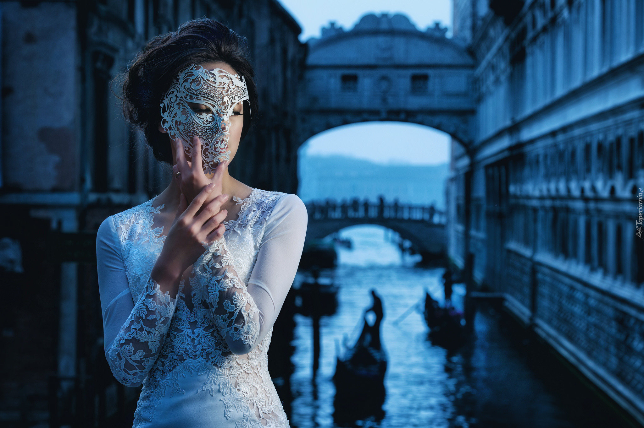 Włochy, Wenecja, Kobieta, Biała, Sukienka, Maska