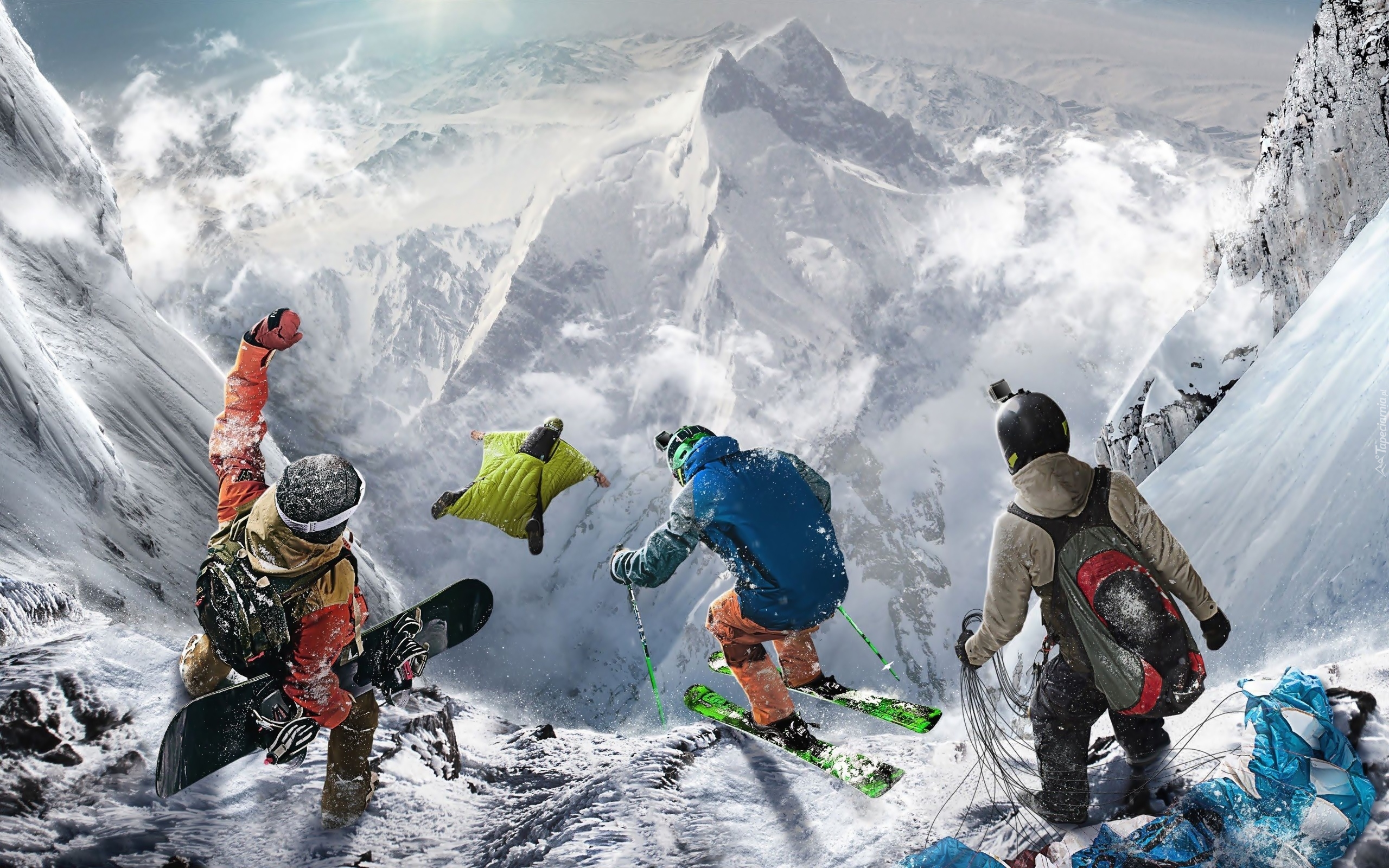Sporty ekstremalne, Snowboard, Skoki narciarskie, Spadochroniarstwo, Wspinaczka, Zima, Góry