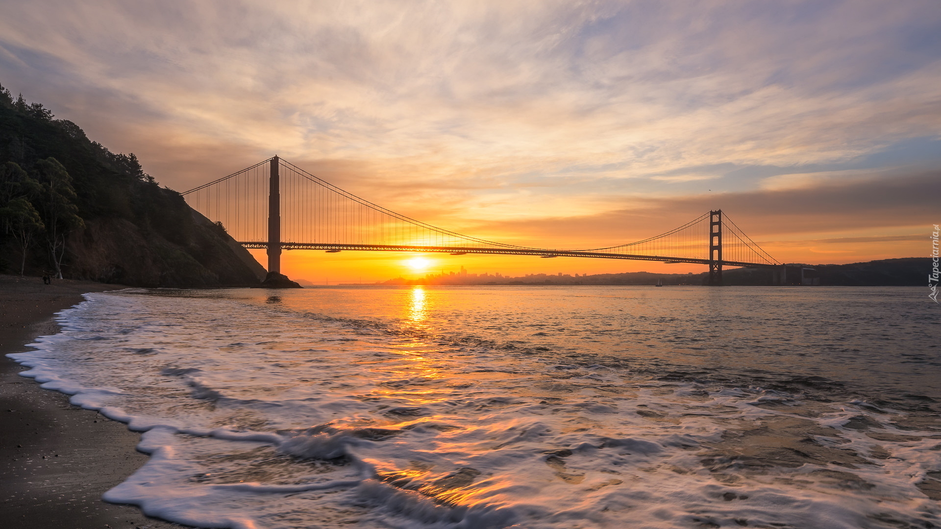 Most, Golden Gate Bridge, Cieśnina Golden Gate, Wschód słońca, San Francisco, Kalifornia, Stany Zjednoczone