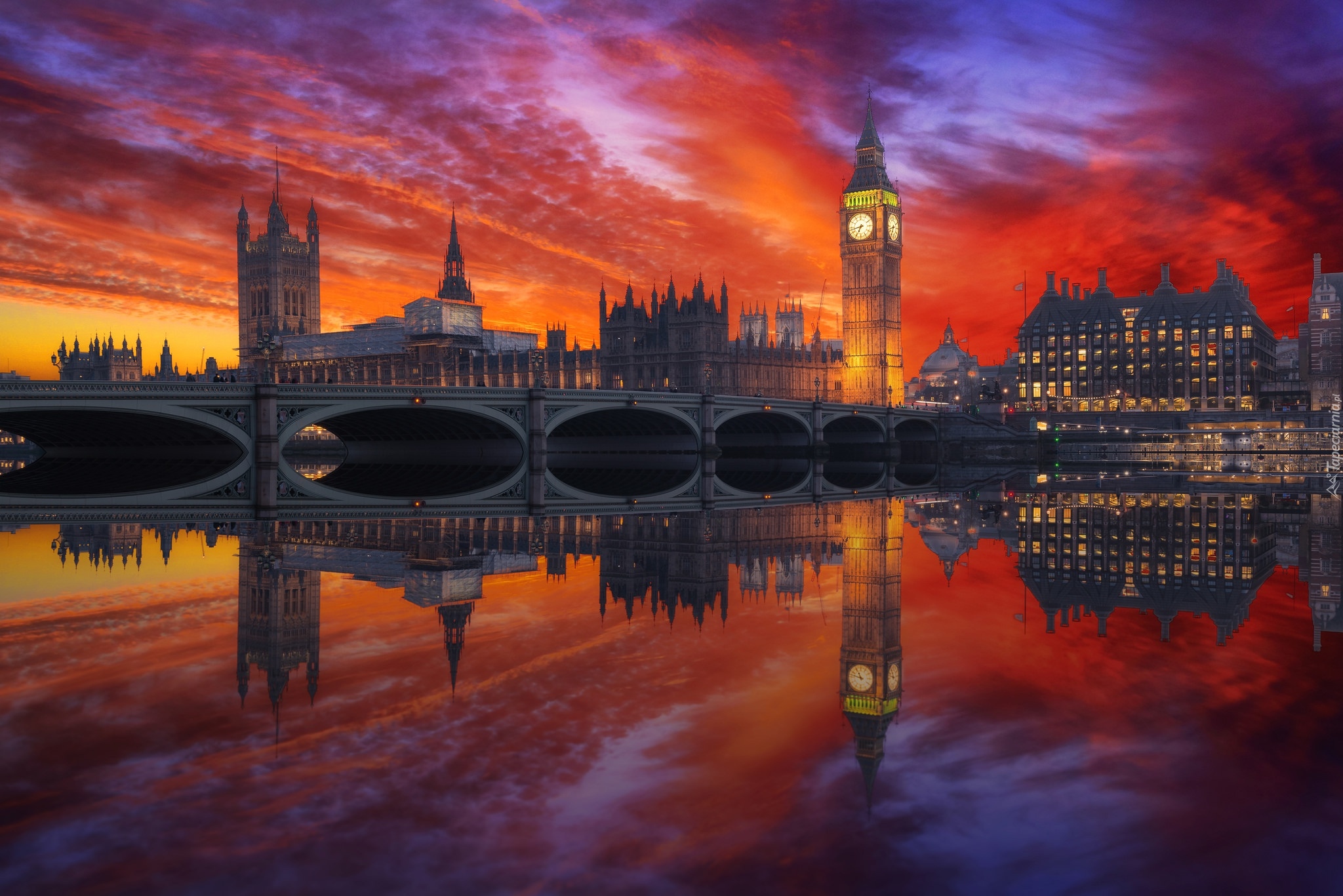 Wielka Brytania, Anglia, Londyn, Most, Westminster, Big Ben, Zachód słońca, Rzeka Tamiza