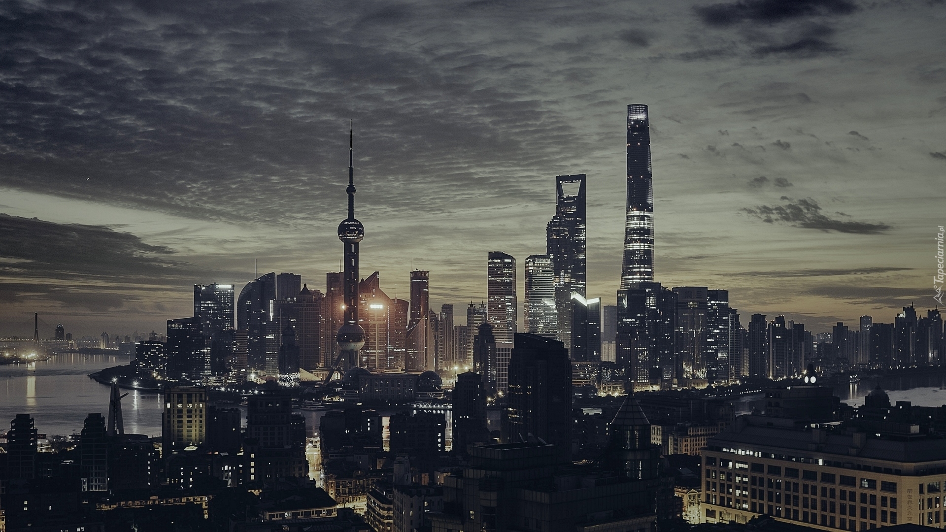 Chiny, Szanghaj, Miasto nocą, Drapacze chmur