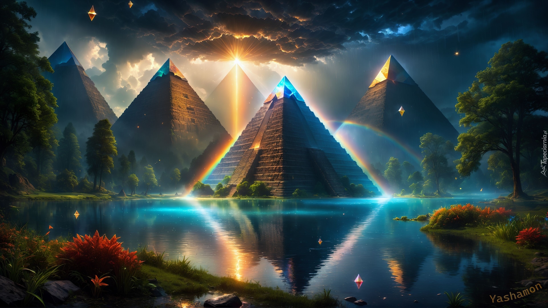 Grafika, Piramidy, Jezioro, Drzewa, Odbicie, Tęcza, Promienie słońca Fantasy