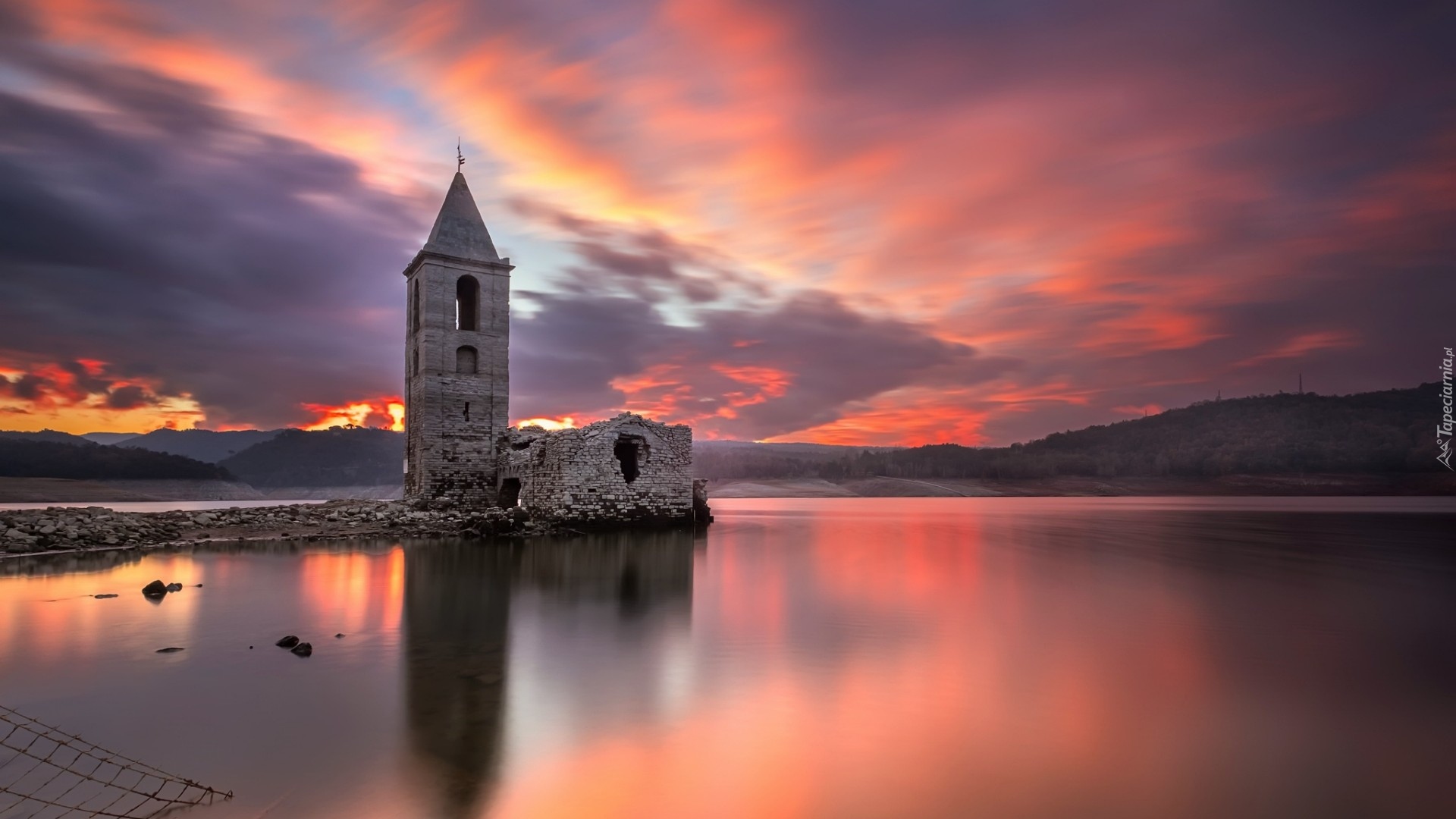 Kościół, Church of Sant Roma, Jezioro, Zbiornik, Panta de Sau, Zachód słońca, Prowincja Barcelona, Hiszpania
