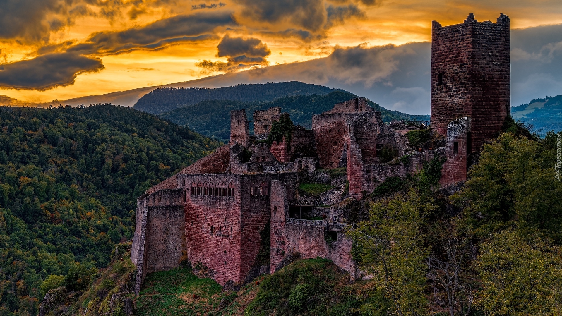 Ruiny, Zamek, Castle Saint-Ulrich, Lasy, Góry, Zachód słońca, Chmury, Ribeauville, Francja