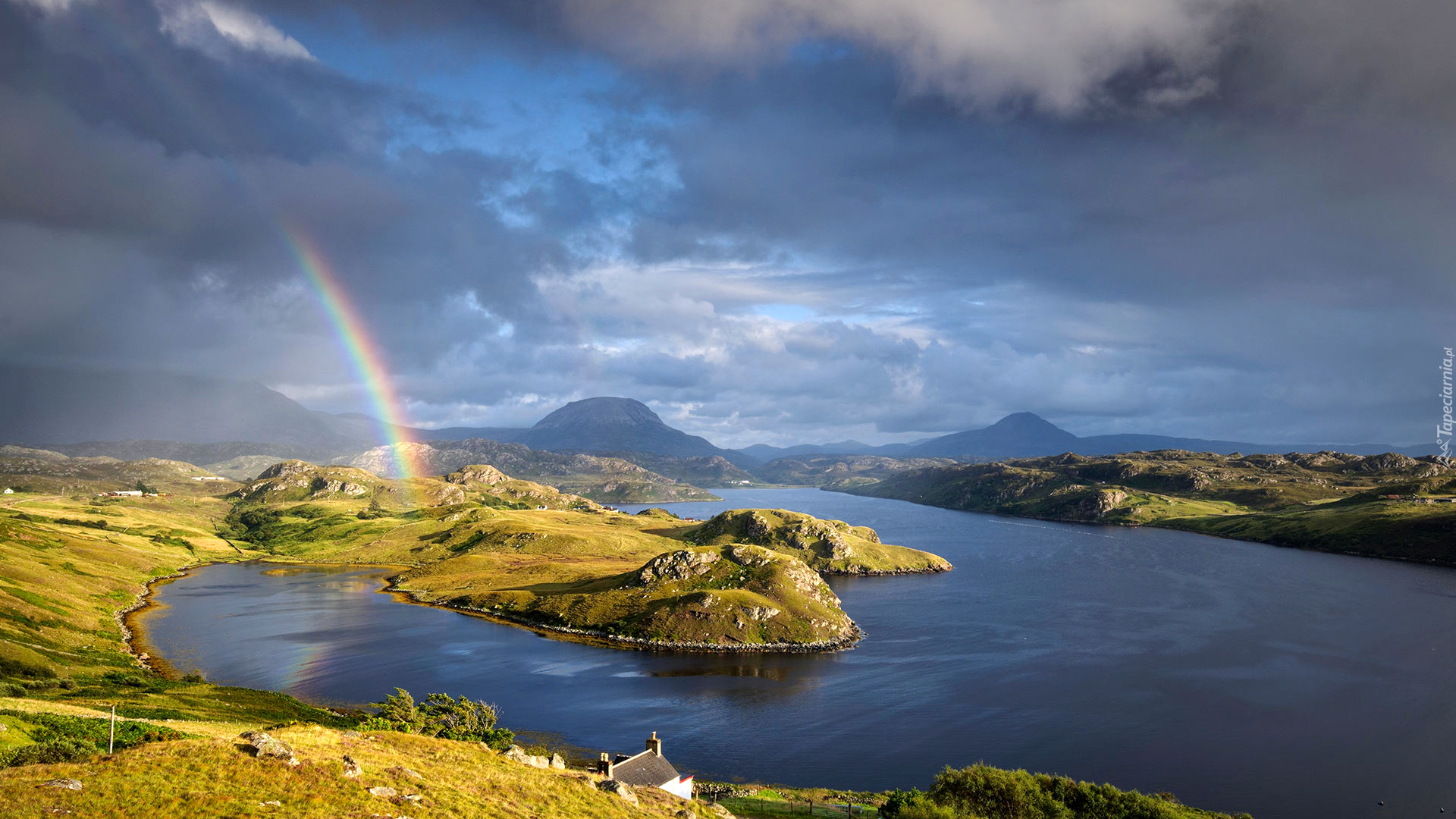 Szkocja, Góry Kaledońskie, Zatoka Loch Inchard, Tęcza, Morze