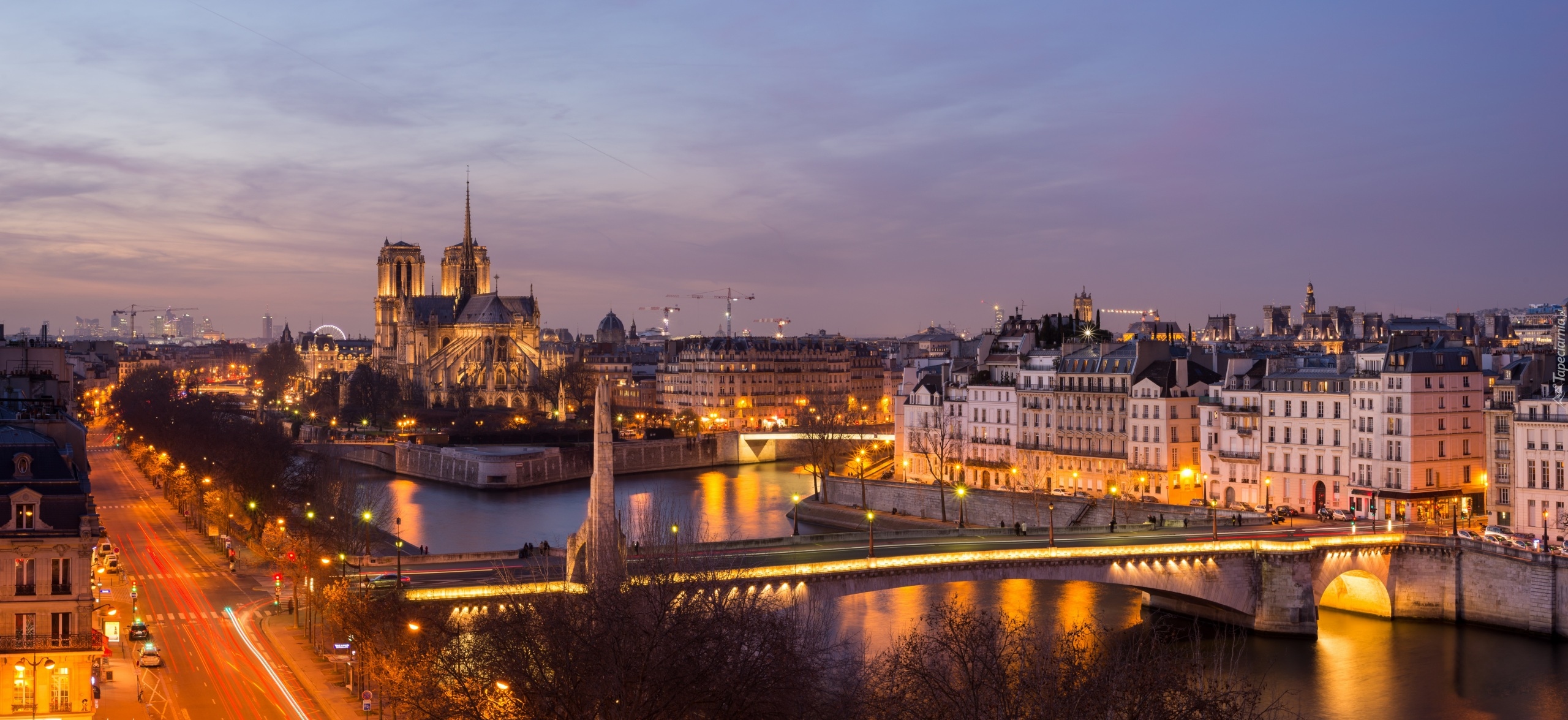 Most, Katedra Notre-Dame, Rzeka Sekwana, Domy, Świt, Paryż, Francja