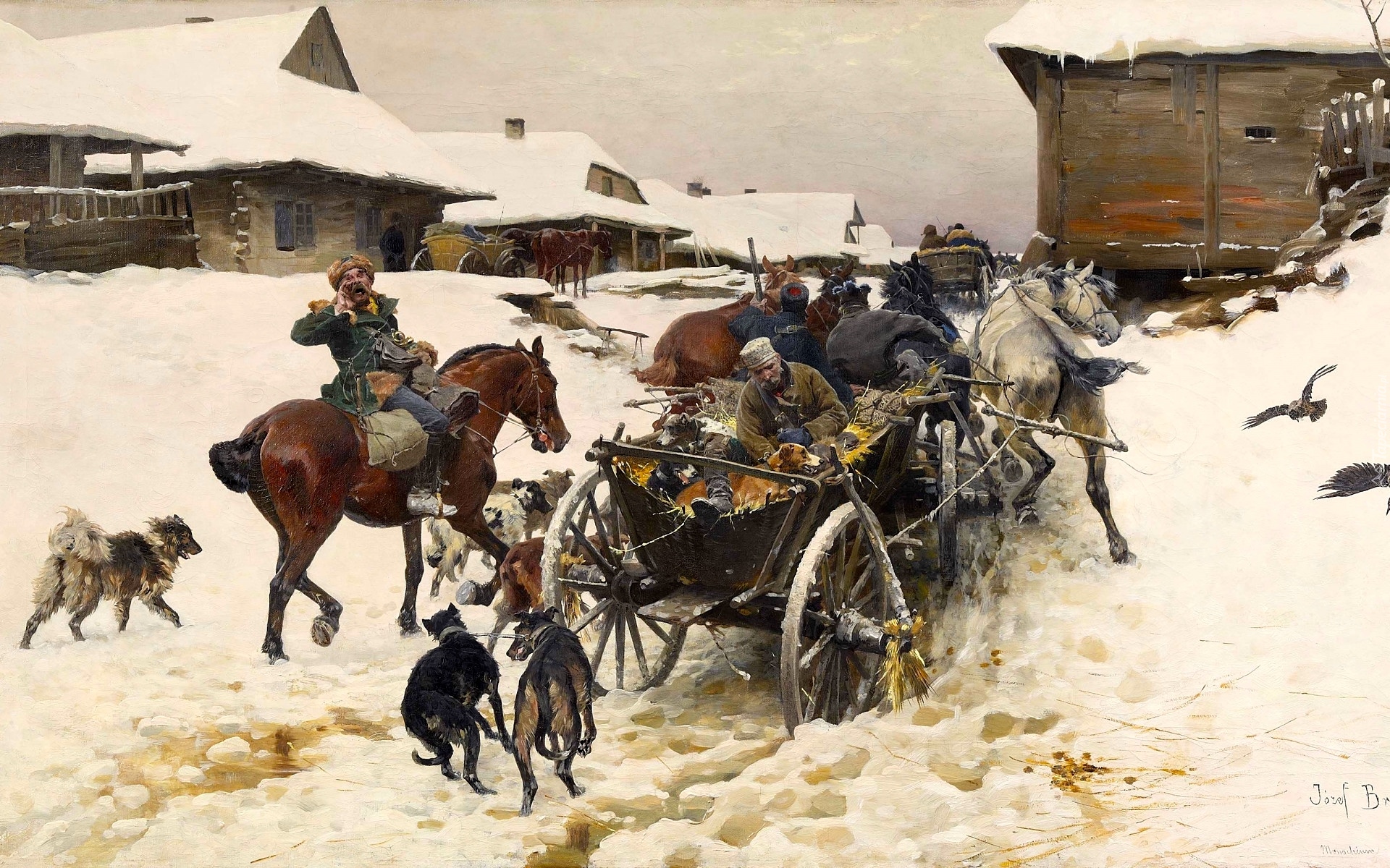 Malarstwo, Obraz, Józef Brandt, Zima, Śnieg, Zaprzęg konny, Konie, Psy, Domy