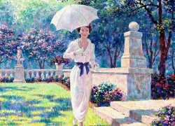 Obraz, Arthur Saron Sarnoff, Kobieta, Ogród,  Parasolka