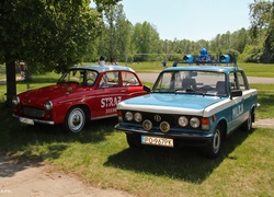 Samochody, Niebieski, Fiat 125p, Czerwona, Syrenka, Straż, Milicja