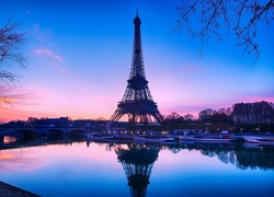Wieża, Eiffla, Rzeka, Most, Statki, Wschód, Słońca, Paryż