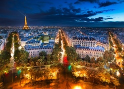 Miasto, Noc, Oświetlone, Z Lotu Ptaka, Paryż, Wieża Eiffla, Francja