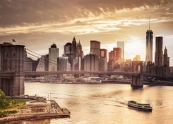 Drapacze Chmur, Nowy Jork, Stany Zjednoczone, Most, Brooklyn Bridge, Zachód Słońca, Rzeka