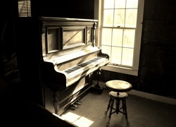 Instrument, Pianino, Stare, Zakurzone, Stołek, Okno, Słońce