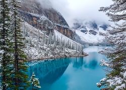 Jezioro, Moraine, Lake, Kanada, Mgła, Zima, Las, Góry