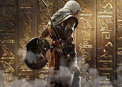 Gra, Assassins Creed Origins, Bayek, Tarcza, Łuk, Ściana, Hieroglify