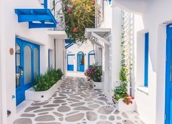 Białe domy z niebieskimi drzwiami na uliczce w Santorini