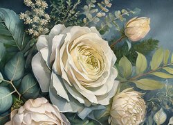 Białe rozkwitnięte róże z listkami na obrazie
