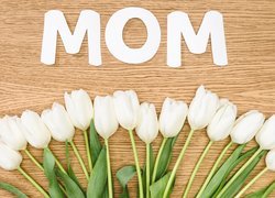 Kwiaty, Białe, Tulipany, Napis, Mom, Dzień Matki, Blat