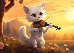 Biały kotek ze skrzypcami