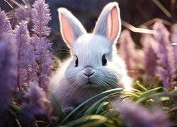 Biały królik wśród fioletowych kwiatów