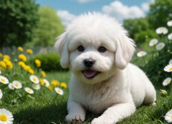 Pies, Szczeniak, Biały, Kwiaty, Łąka