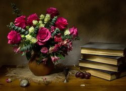 Róże, Wazon, Książki, Stół, Kompozycja