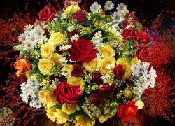 Bukiet, Kwiaty, Żółte, Czerwone, Róże, Białe, Złocienie