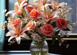 Kwiaty, Lilie, Róże, Bukiet, Grafika