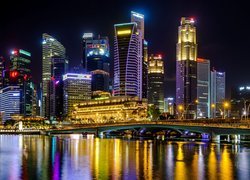 Wieżowce, Oświetlone, Central Business District, Most, Promenada Esplanade, Noc, Most, Singapur