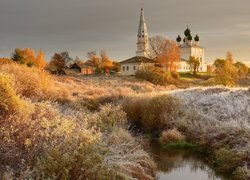 Cerkiew, Drzewa, Rzeka Lakhost, Oszroniona, Trawa, Osenevo, Obwód jarosławski, Rosja