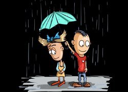 Chłopak z parasolką osłaniający dziewczynę przed deszczem