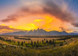 Park Narodowy Grand Teton, Góry, Teton Range, Pole, Drzewa, Zachód słońca, Stan Wyoming, Stany Zjednoczone