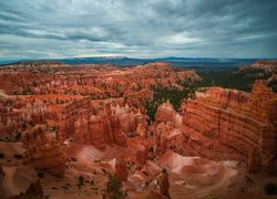 Kanion, Skały, Rośliny, Chmury, Park Narodowy Bryce Canyon, Stan Utah, Stany Zjednoczone