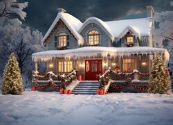 Zima, Świąteczny, Dom, Choinka, Boże Narodzenie, Grafika