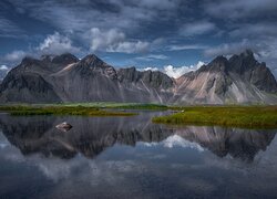Góra, Vestrahorn, Morze, Chmury, Stokksnes, Islandia