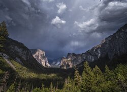 Stany Zjednoczone, Kalifornia, Park Narodowy Yosemite, Drzewa, Las, Góry, Pochmurne, Niebo, Chmury