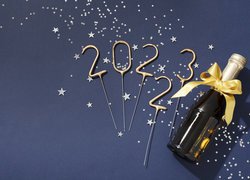 Nowy Rok, Cyfry, 2023, Butelka, Szampan, Kokardka, Gwiazdki
