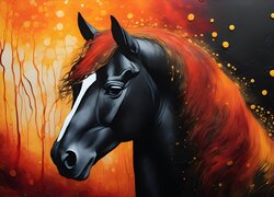 Czarny koń z rudą grzywą w grafice