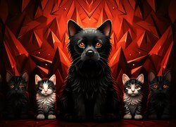 Czarny kot i sześć małych kotków na czerwonym tle w grafice